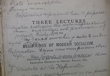 Pamphlet that reads "Three lectures on the beginnings of modern socialism" in typed text, along with handwriting
