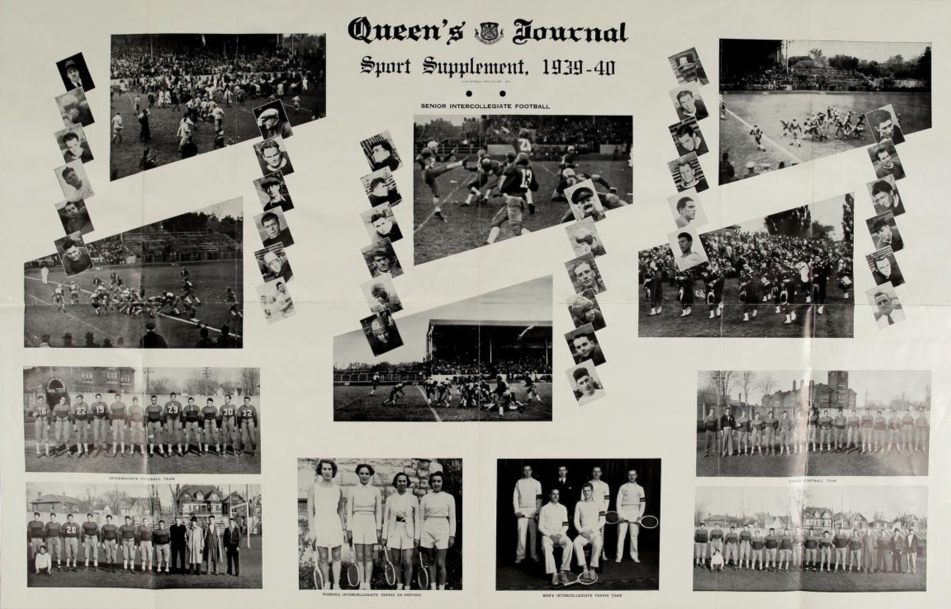 Scan of the Queen's Journal. It shows a two-page spread featuring black-and-white photos of various athletic teams.