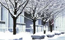 Stauffer library exterior view in winter