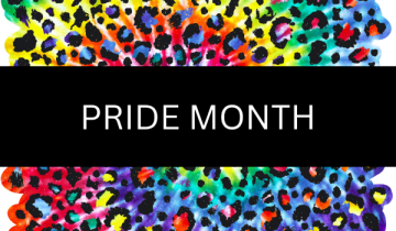 the text "pride month" with rainbow leopard print background