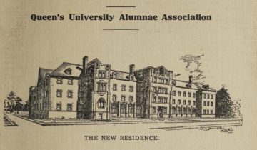 A scan of a page in "The Alumnae News." It shows a line drawing of Ban Righ Hall, with text at the top that reads "Queen's University Alumnae Association" and bottom text that reads "The New Residence"