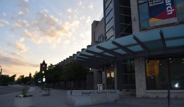 Stauffer Library exterior at dusk