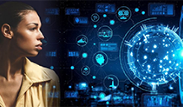 Image of a woman's face looking at a matrix of technology icons surrounding a central core.