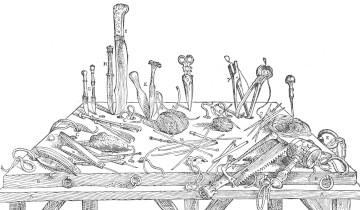 A scan of an illustration within Vesalius' Anatomy. The illustration shows a wooden table covered in a variety of tools used for study of cadavers.