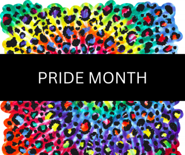 the text "pride month" with rainbow leopard print background