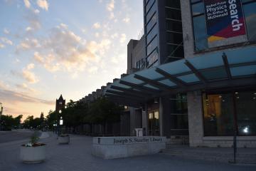 Stauffer Library exterior at dusk