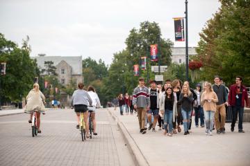 Students on a campus tour in fall.
