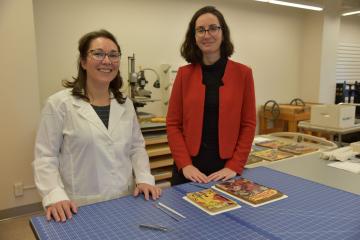 Kress Conservation Fellow Robin Canham (left) and Conservator Nataša Krsmanović in the newly built Conservation Lab at W.D. Jordan Rare Books and Special Collections