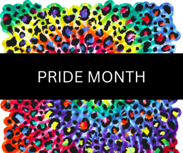 Black banner labelled "Pride Month" on a multi-coloured leopard print background