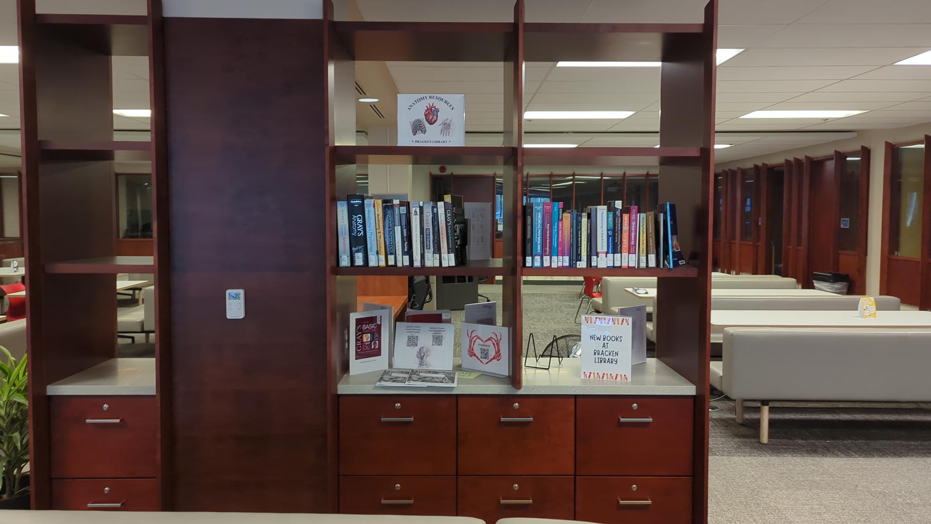 Books on shelves with grey couches in the background