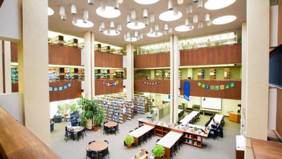 Interior view of the Education library ground floor from the second floor balcony