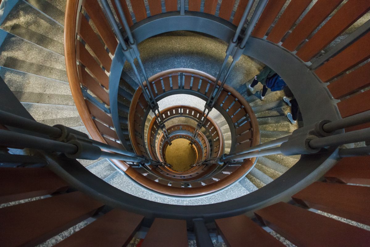 Top-down view of the spiral staircase in Stauffer