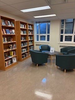 Picture of three bookshelves and cozy seating area