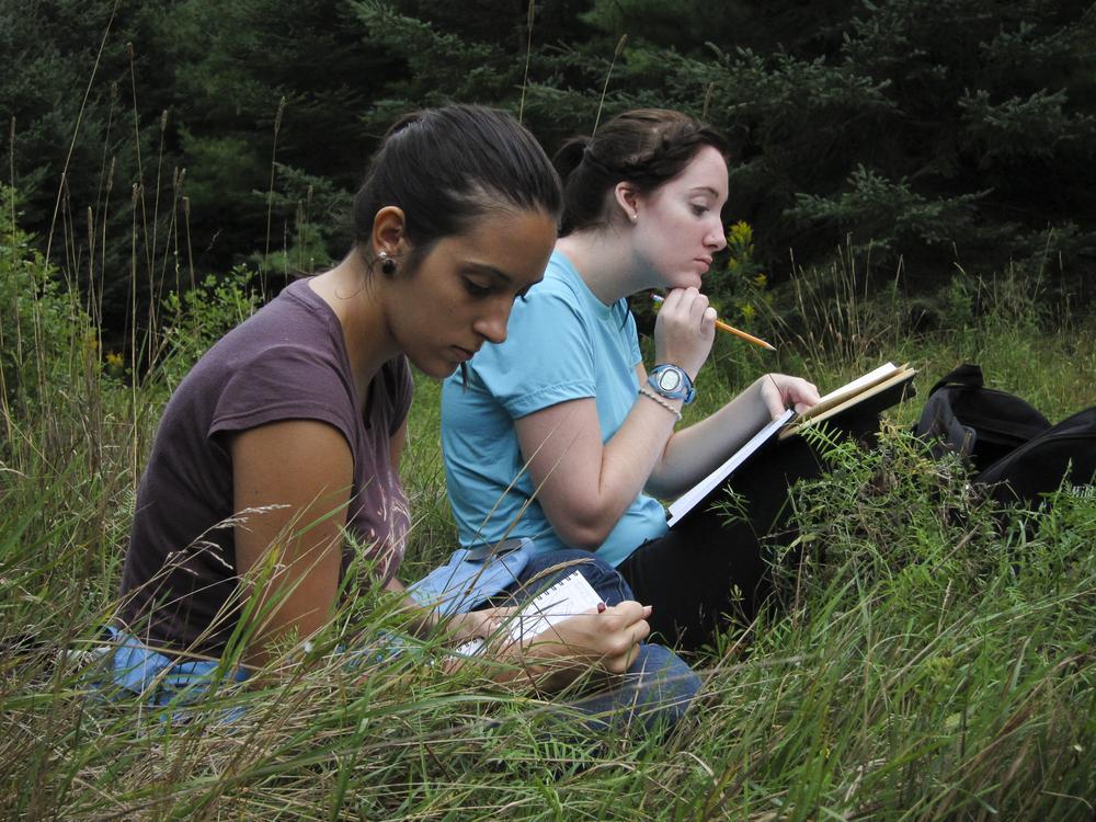 Two female students recording observations in notebooks in a field 