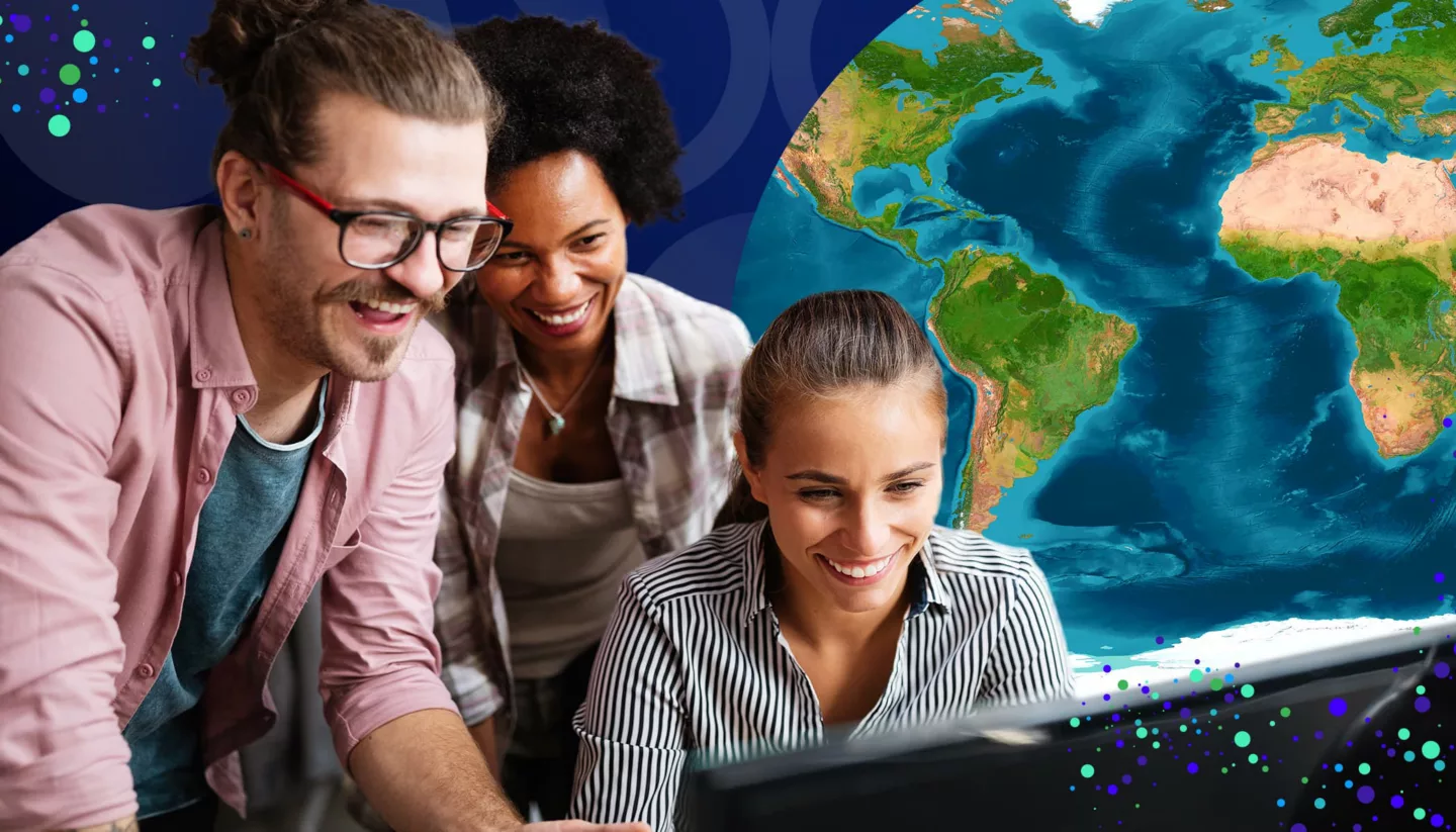Three people watching a screen with an image of earth behind them