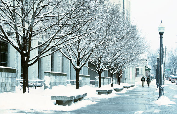 snowy street outside Stauffer Library