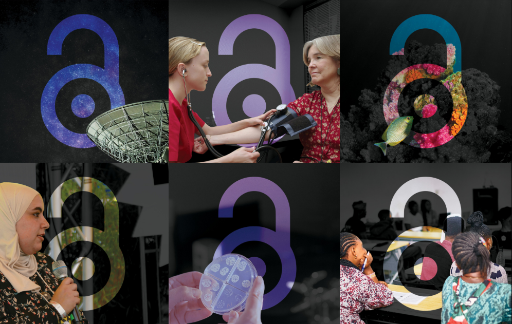 open access lock logo over photos of research scenarios