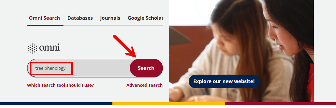 Keyword search for "tree phenology" using Omni on the library website homepage