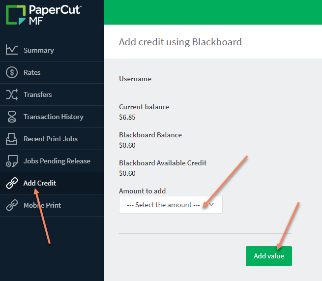 screen capture of the Papercut add credit screen