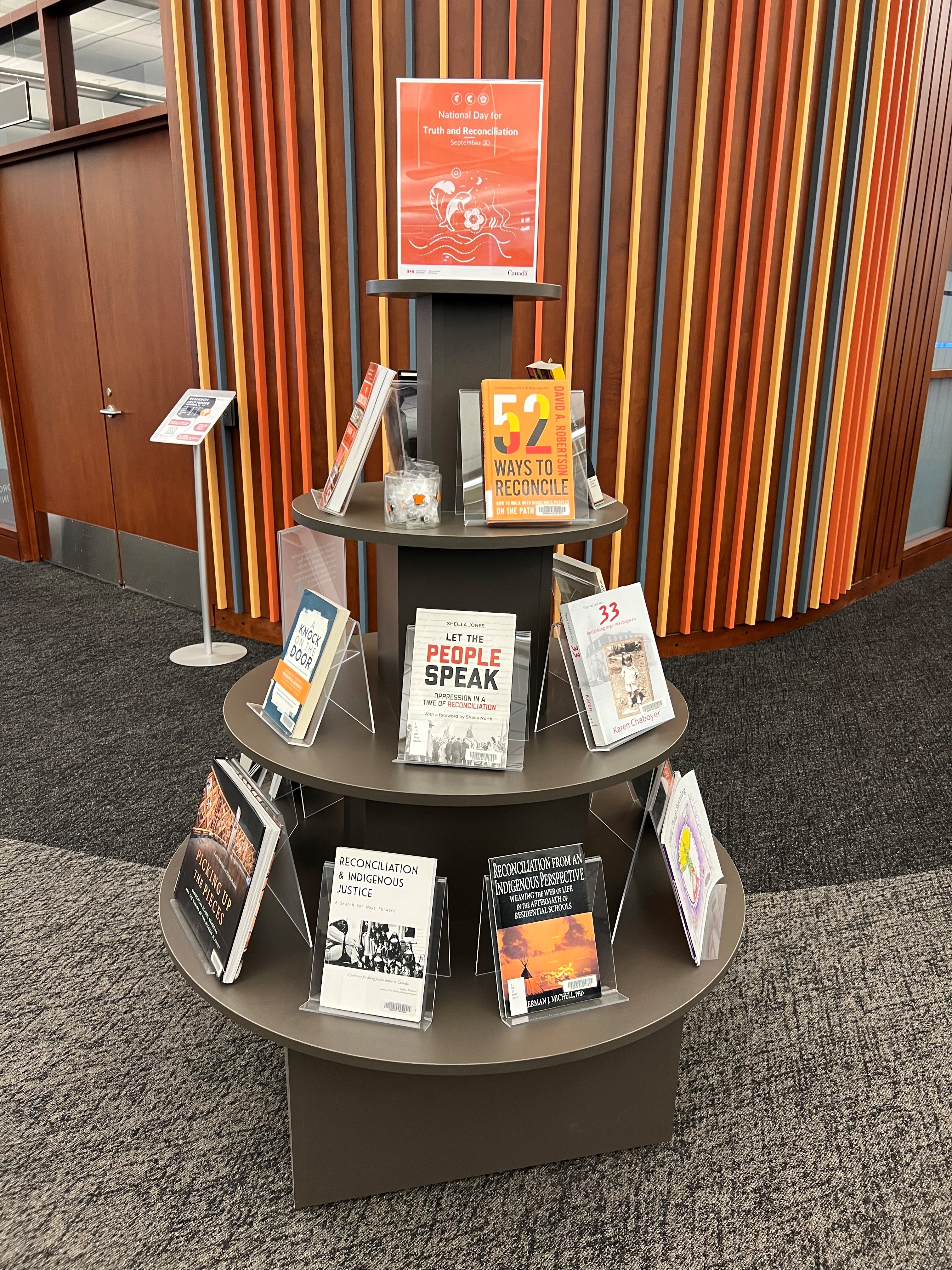 A book display for NDTR in Stauffer Library
