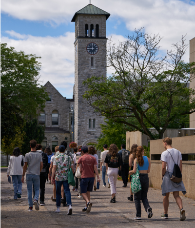 Crowd of students walking on campus