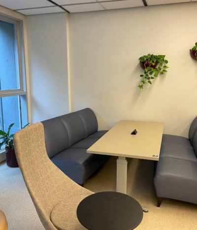 Interior view of the Garden View lounge seating and exterior windows at Bracken library