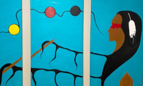 Painting of an indigenous person&#039;s head on a blue background