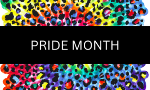 Black banner labelled &quot;Pride Month&quot; on a multi-coloured leopard print background