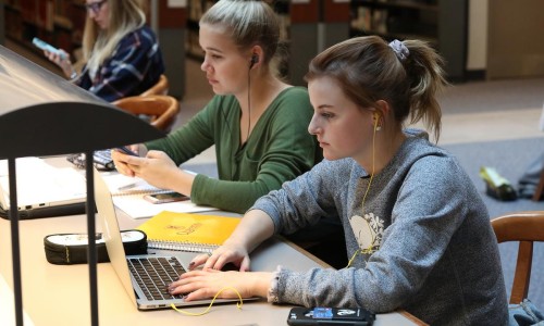 students working on laptops in the library