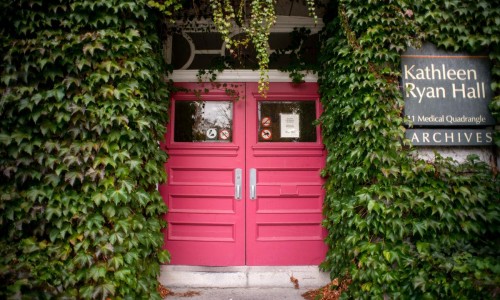 The front door to Kathleen Ryan Hall and the Archives