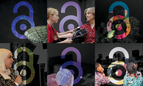 open access lock logo over photos of research scenarios